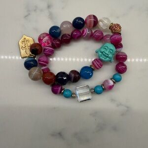 Colorful Beaded Stretch Bracelet with Turquoise Buddha Accent - Pink & Blue